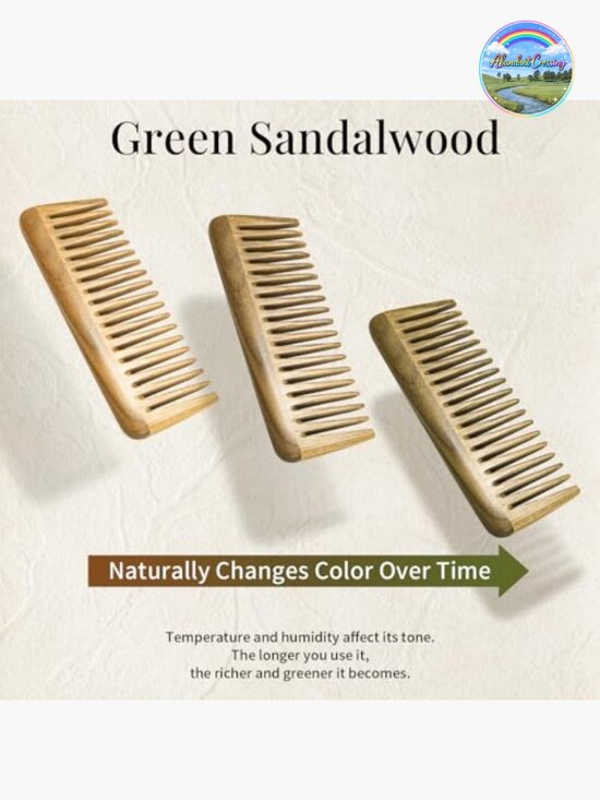 Handmade 100% Natural Green Sandalwood Anti-Static Hair Comb - Extra Wide Tooth